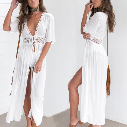 2020 Women Beach Cover Up Tunic Lace White Long Pareos