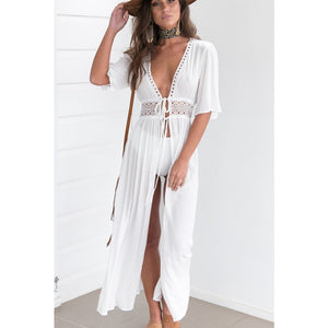 2020 Women Beach Cover Up Tunic Lace White Long Pareos